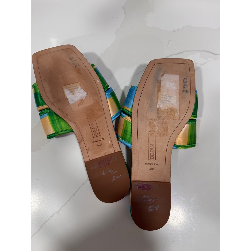 Deltan Woven Plaid Slide Sandals Green Blue Yellow Square Toe Leather Sole 6.5M - Picture 5 of 6